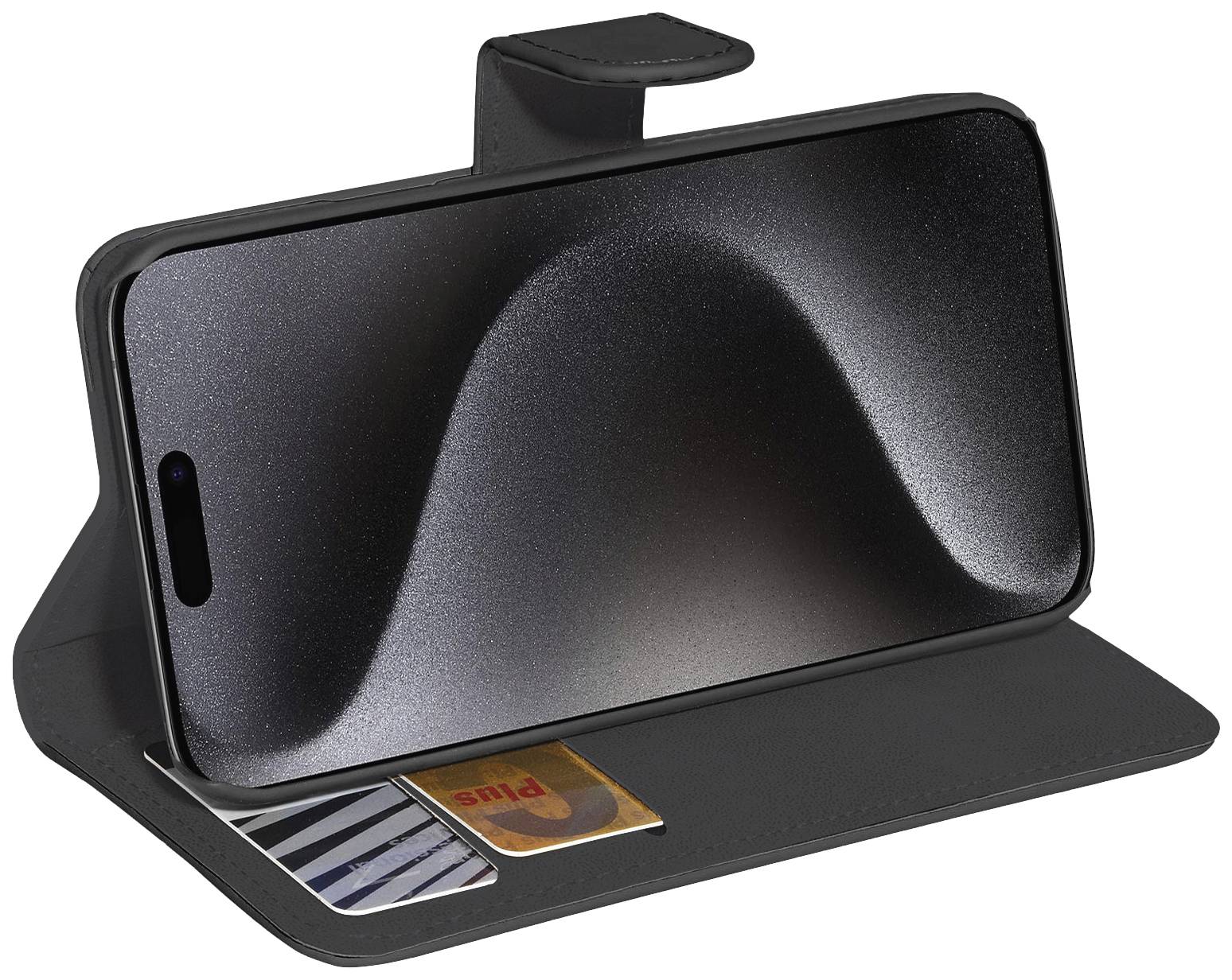 Smartphone in einer aufklappbaren Hülle als Ständer, mit eingeschobenen Kreditkarten. Bildschirm zeigt ein abstraktes schwarz-graues Design.