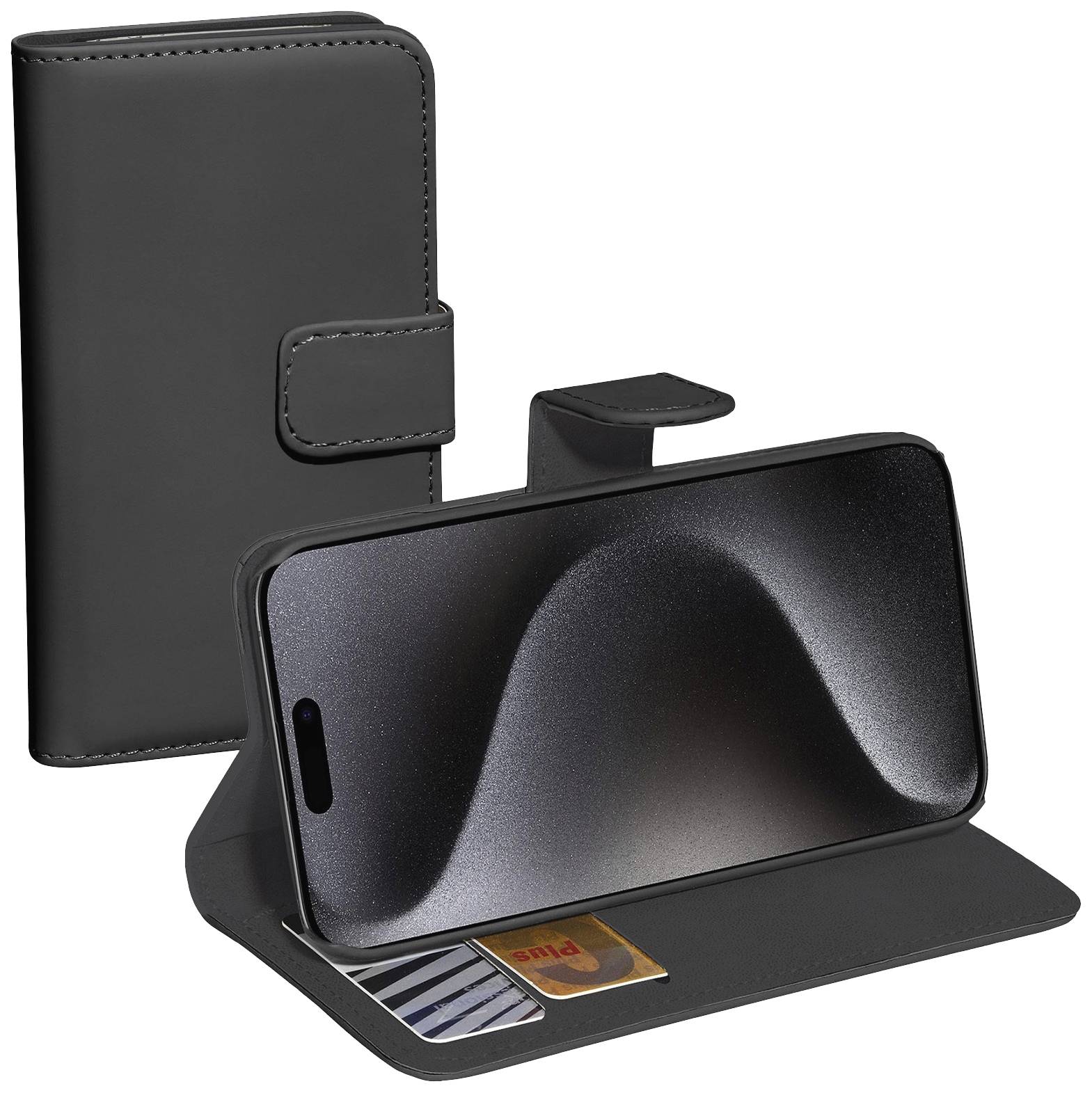 Eine schwarze Handytasche mit Kartenfächern und Ständerfunktion zeigt ein Smartphone darin, das in einem aufrechten Winkel steht.