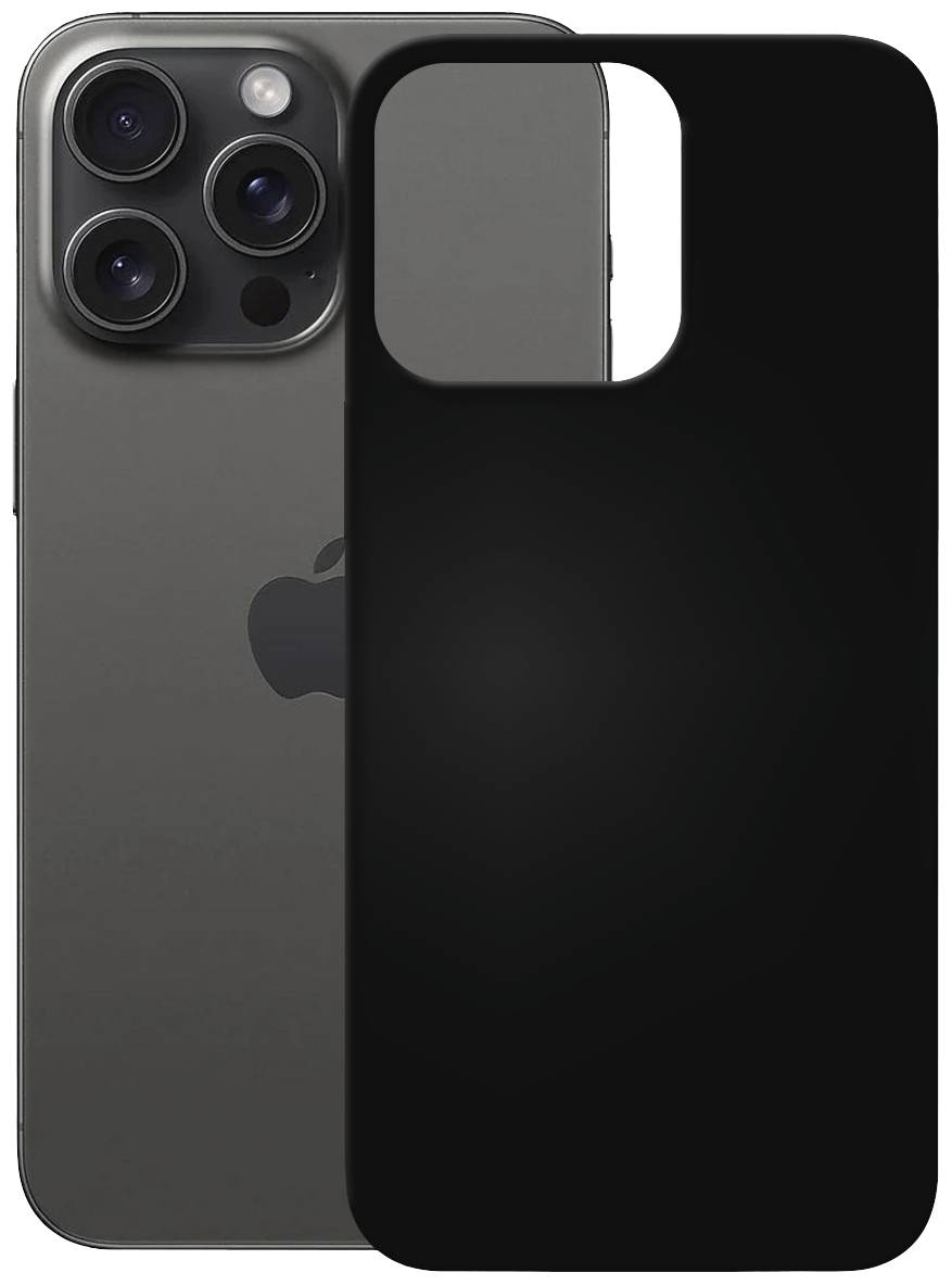 Schwarze Handyhülle neben einem modernen Smartphone mit drei Kameralinsen, Rückseite mit dem Logo eines angebissenen Apfels.