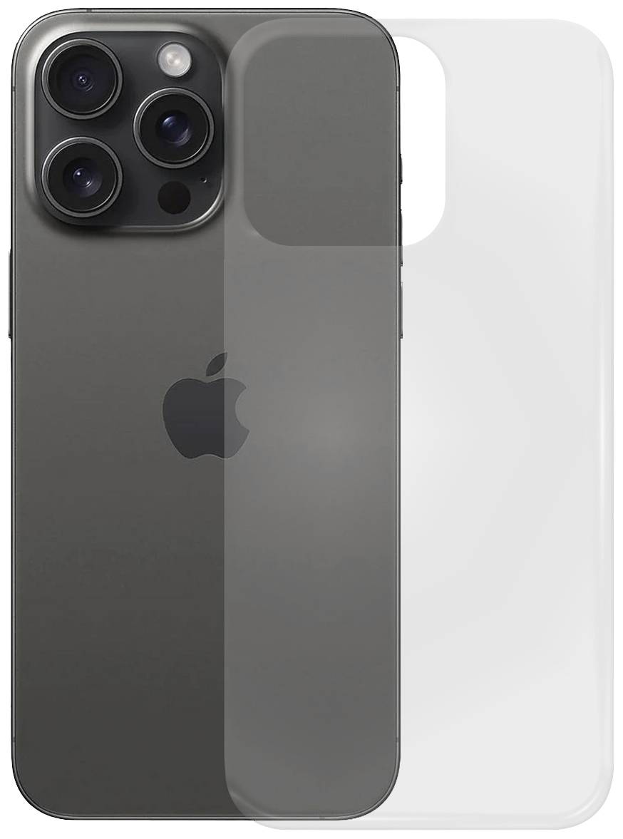 Ein modernes Smartphone mit drei Kameralinsen auf der Rückseite, Markenzeichen in der Mitte. Ein transparenter Schutz ist sichtbar.