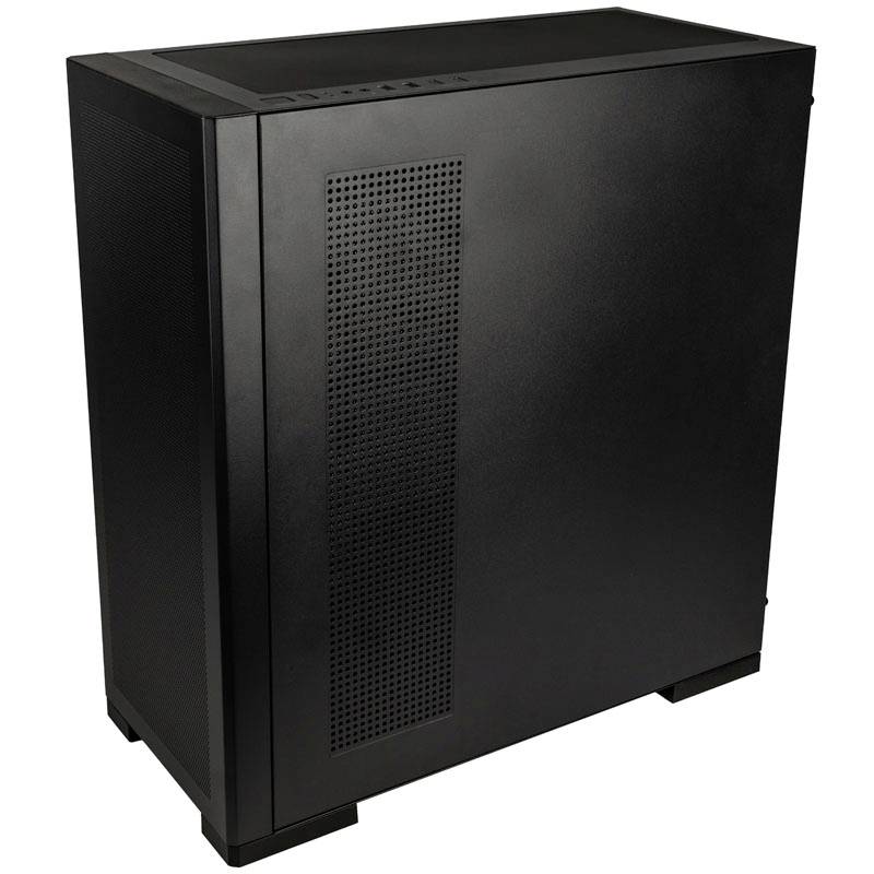 Schwarzes Computergehäuse mit Lüftungsschlitzen an der Seite. Design: schlicht, modern. Geeignet für verschiedene Hardware-Komponenten.