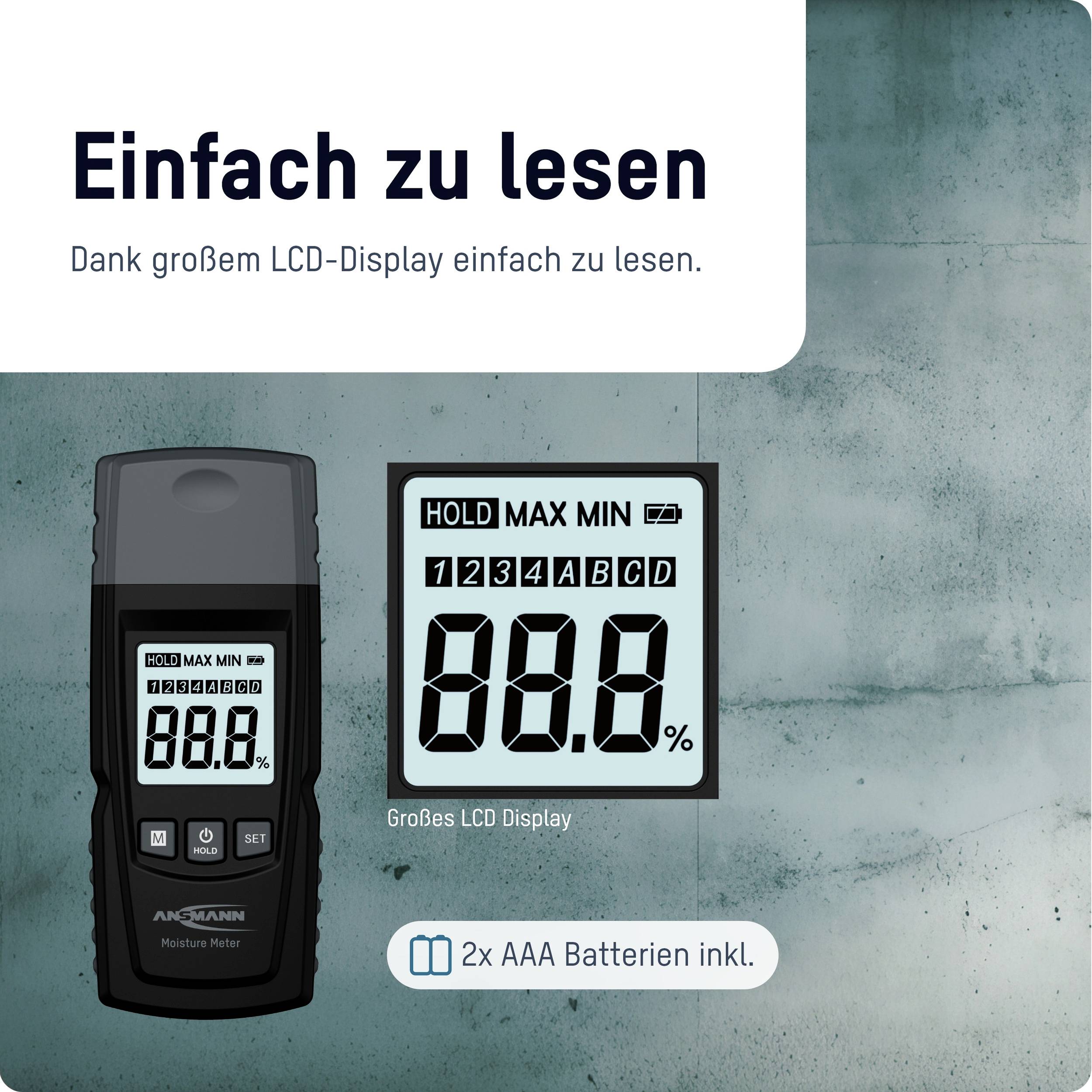 Ansmann Materialfeuchtemessgerät Messbereich Baufeuchtigkeit (Bereich) 0 bis 12.2% vol Messbereich Holzfeuchtigkeit (Bereich)