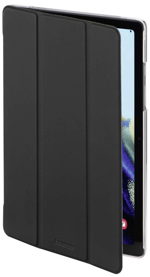 Schutzhülle eines Tablets, geöffnet, mit schwarzem Cover, das den Bildschirm teilweise verdeckt. Links Markenname 'hama'. Bildschirm hellblau.