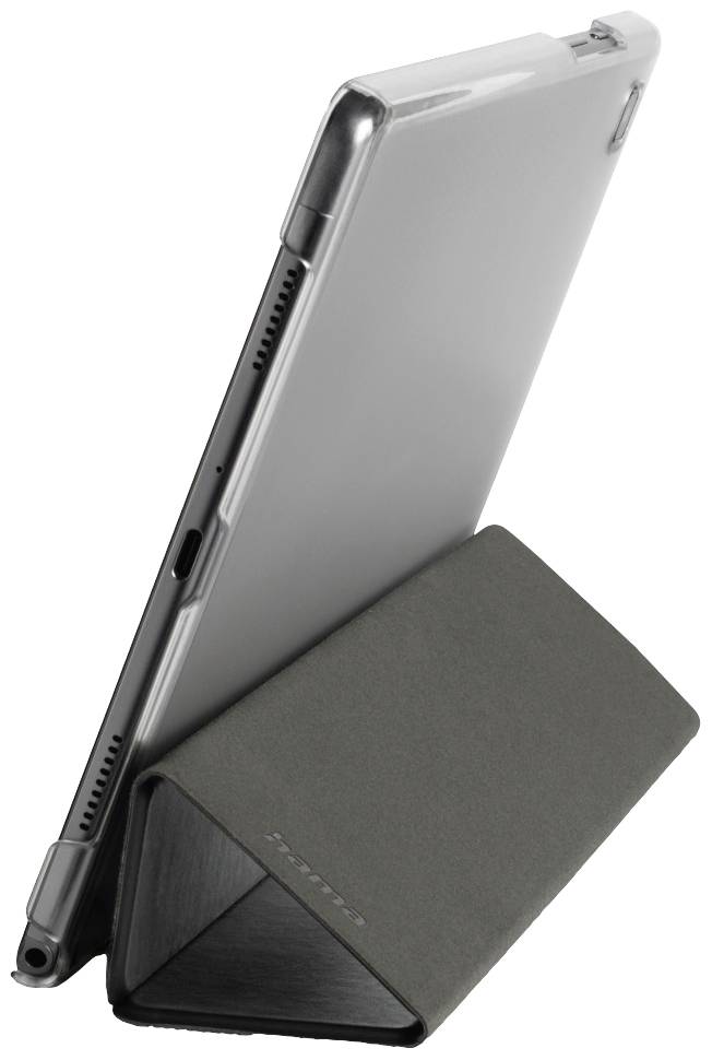 Eine Hülle in Dreieckform dient als Tabletständer und hält das Tablet in aufrechter Position.