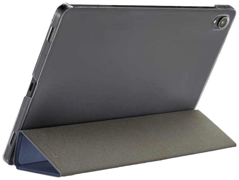 Tablet in schwarzer Hülle, seitlich auf einem Tisch stehend.