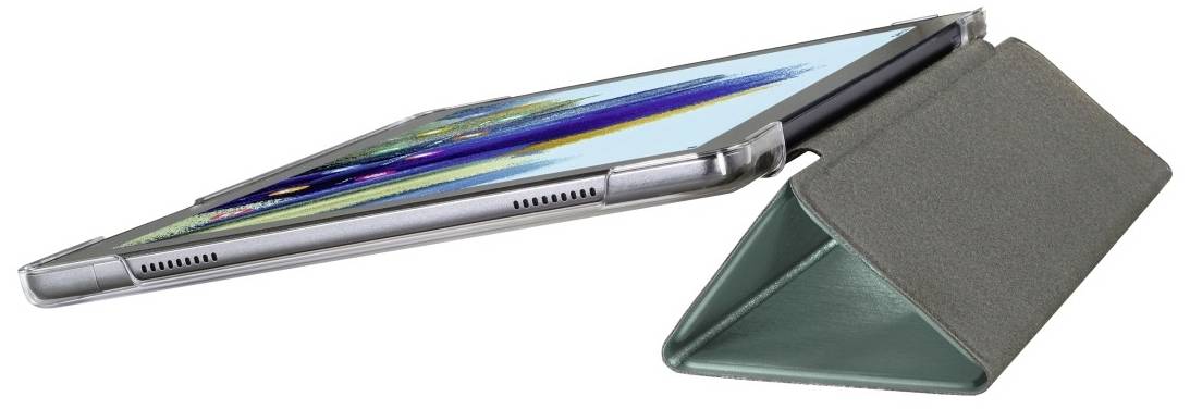 Ein Tablet auf einer aufklappbaren Hülle, zeigt ein buntes Display. Die Hülle unterstützt das Tablet im schrägen Betrachtungswinkel.