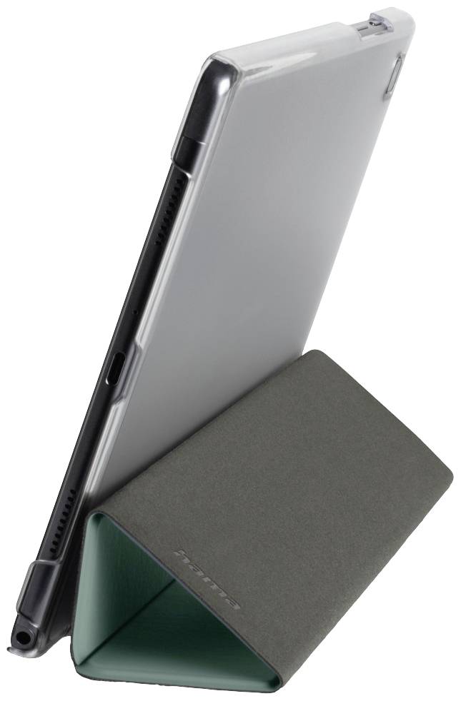 Ein Tablet mit grauer Schutzhülle steht auf einem grünen dreieckigen Ständer. Originelles Design, stabiler Halt.