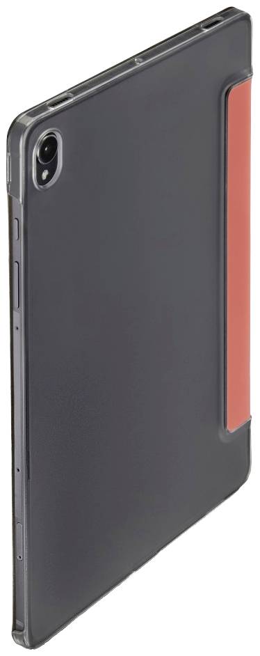 Schwarzes Tablet mit rotem Akzent auf der Rückseite, seitlich stehend.