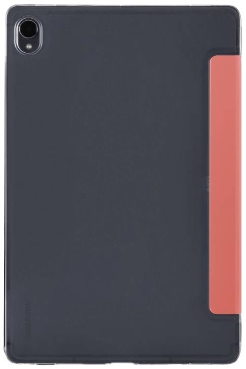 Ein schwarzes Tablet mit einer roten Schutzhülle auf der Rückseite. Die Kamera befindet sich in der oberen linken Ecke.