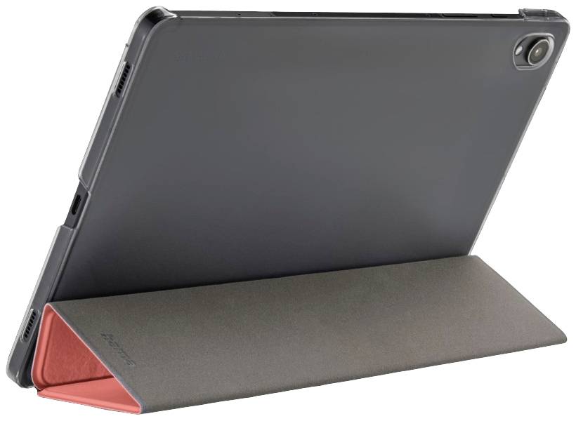 Ein Tablet steht im Querformat in einer schwarzen Hülle mit rotem, umklappbarem Ständer auf einer weißen Oberfläche.