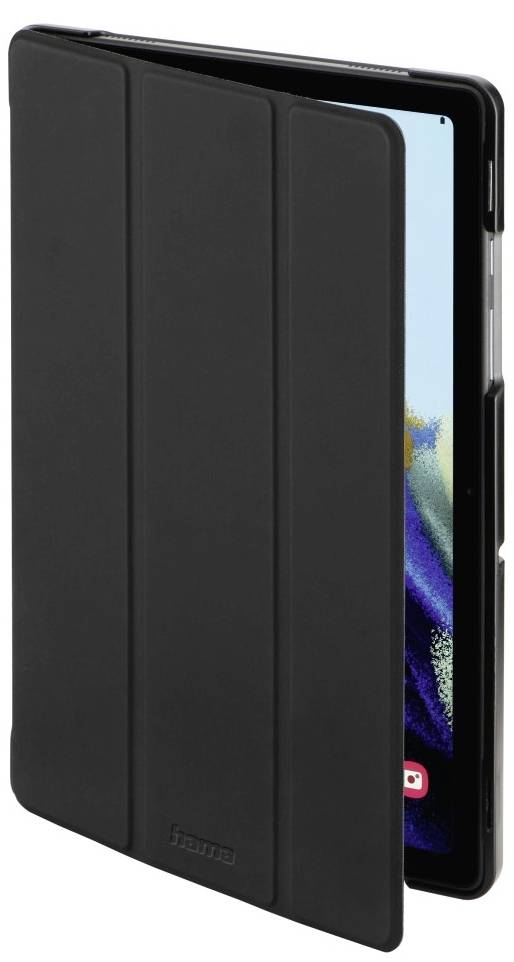 Schwarzes Tablet mit geschlossenem Hülle-Design. Bildschirm schimmert leicht durch die Kanten des offenen Bereichs in der Vorderseite der Hülle.