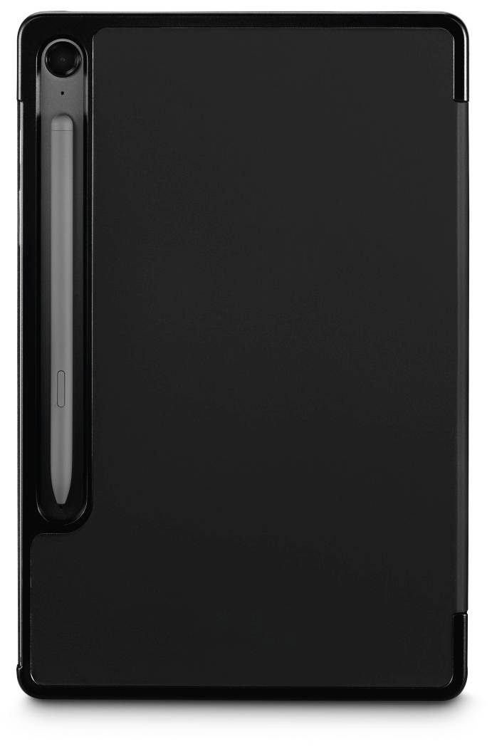 Schwarzer Tablet-PC mit Stift in einer Halterung auf der Rückseite. Moderne und schlanke Gestaltung, geeignet für kreative Arbeit.