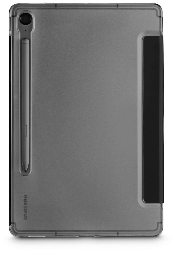 Tablet mit Hülle, Rückansicht; Stifthalterung links und Samsung-Logo unten.