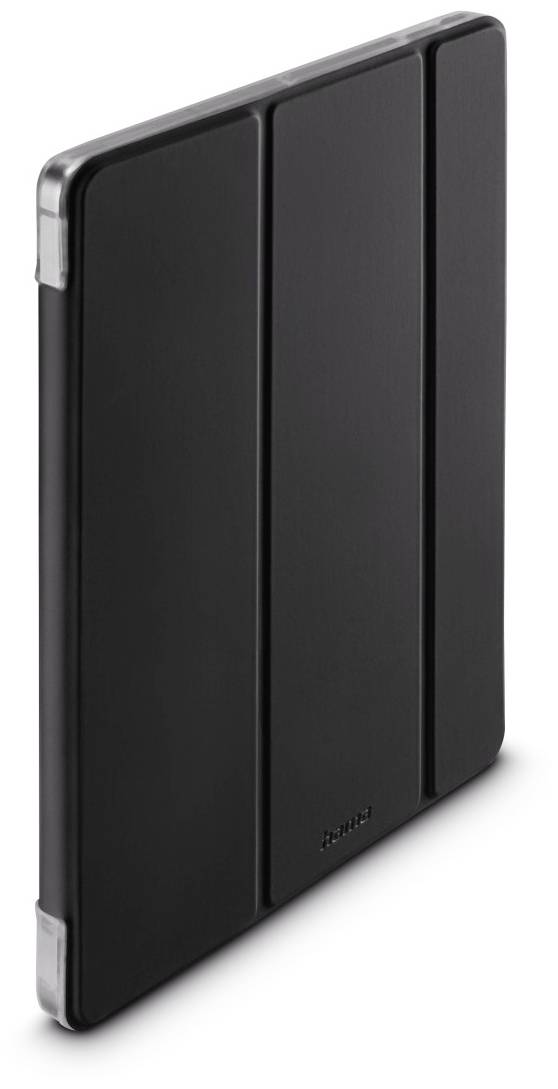Schwarze Tablet-Hülle mit faltbarem Design, das aufrecht als Ständer genutzt werden kann. Elegantes und schützendes Zubehör.