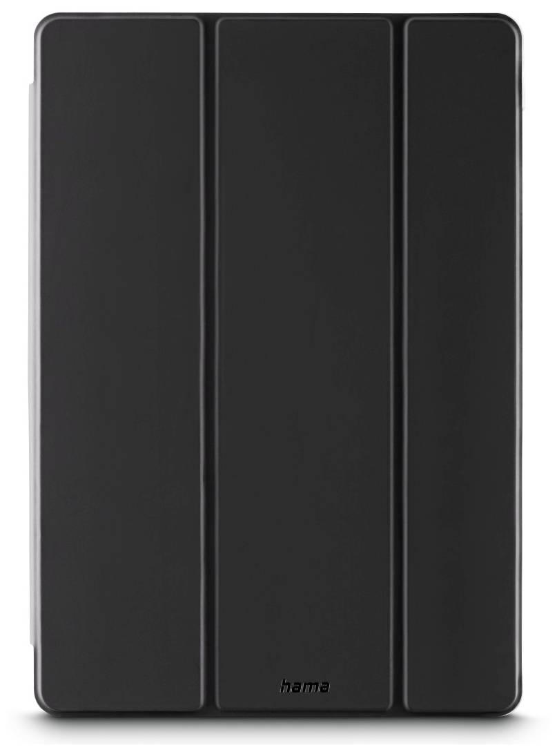 Schwarzes Tablett-Etui von Hama mit drei Faltlinien, steht senkrecht für Schutz und Stabilität. Geeignet für verschiedene Tablet-Modelle.