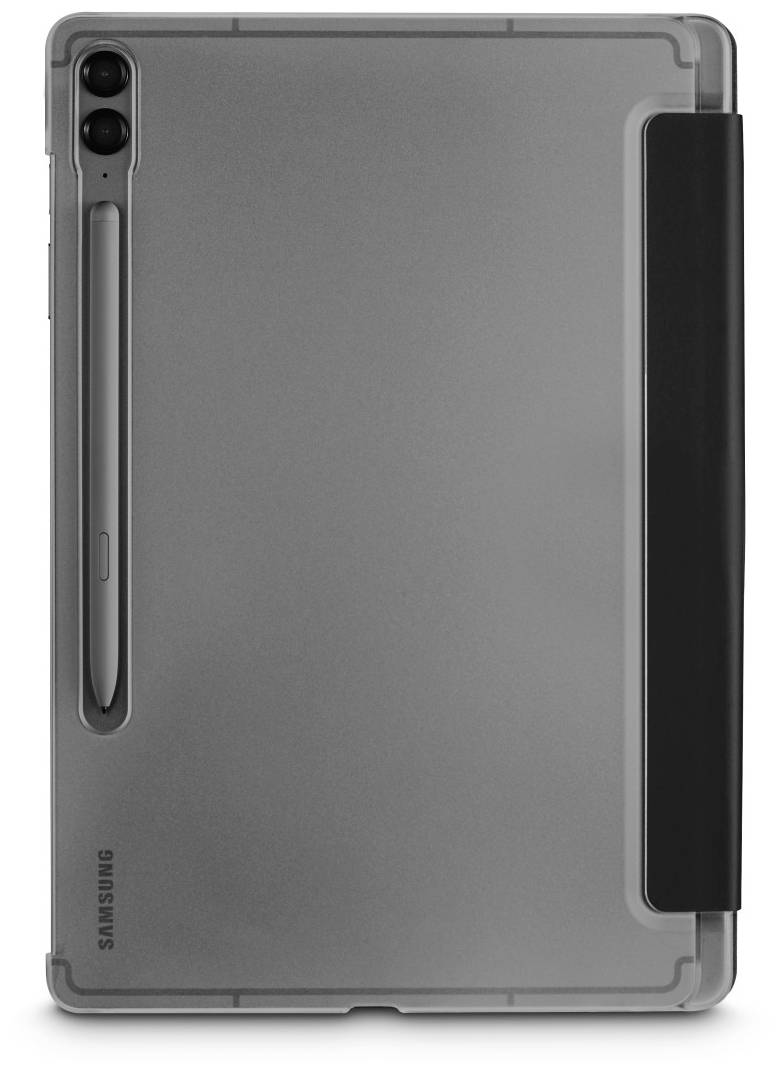 Rückansicht eines Samsung-Tablets mit schwarzem Schutzcover und integrierter Stifthalterung links.