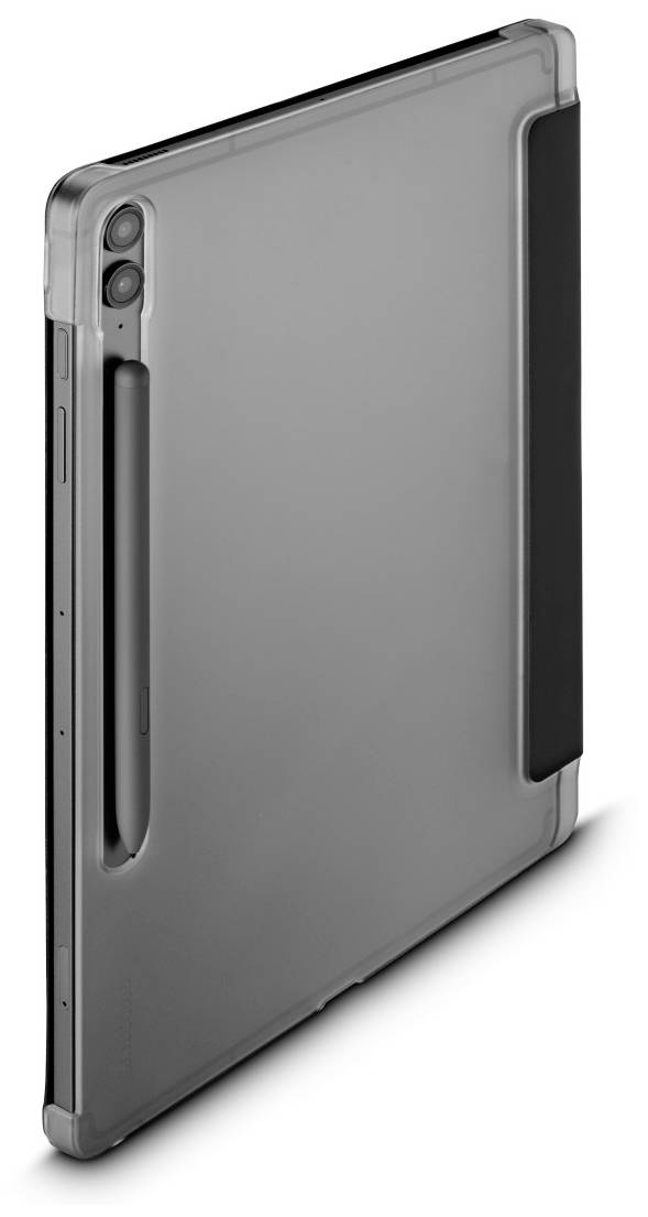Tablet in grauer Hülle mit Stifthalter an der Rückseite, vertikal stehend, zeigt die schlanke Bauweise.