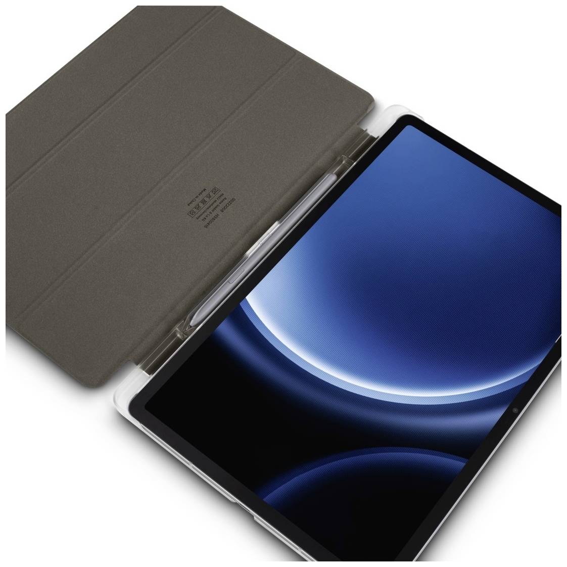 Ein Tablet mit schwarzem, glänzendem Bildschirm liegt in einem geöffneten Schutzetui.