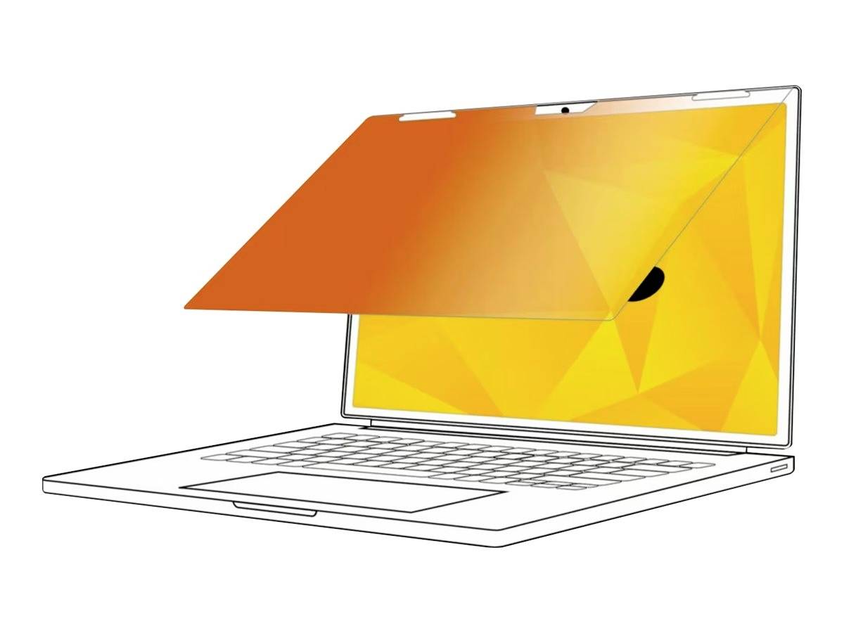 Ein Laptop mit einem orange-gelben Sichtschutzfilter, der den Bildschirm abdeckt, um blendfreie Anzeige bei hellem Licht zu ermöglichen.