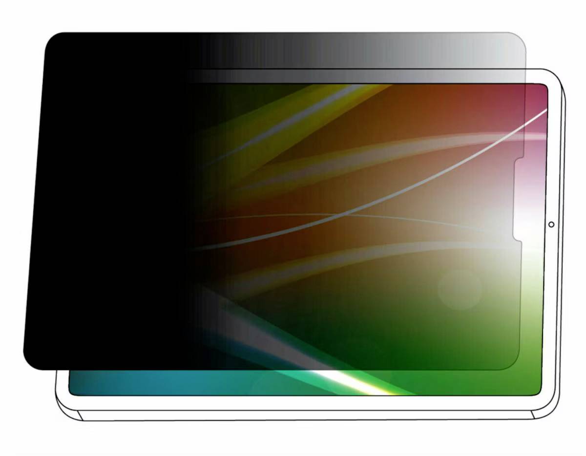 Ein Tablet mit einem sichtschützenden Filter: Links verdunkelt, rechts klar. Der grüne und rote Hintergrund ist teilweise sichtbar.