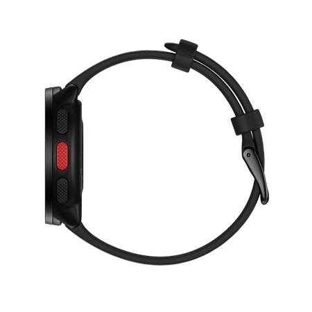 Schwarze Smartwatch von der Seite, zeigt schlankes Design mit rundem Gehäuse und rotem Akzentknopf. Armband mit Dornschließe.