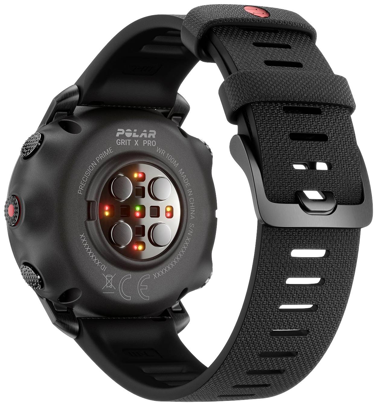 Schwarze Smartwatch-Rückseite mit Sensoren und Handgelenkband, zeigt die technische Ausstattung und den Stil der Uhr.
