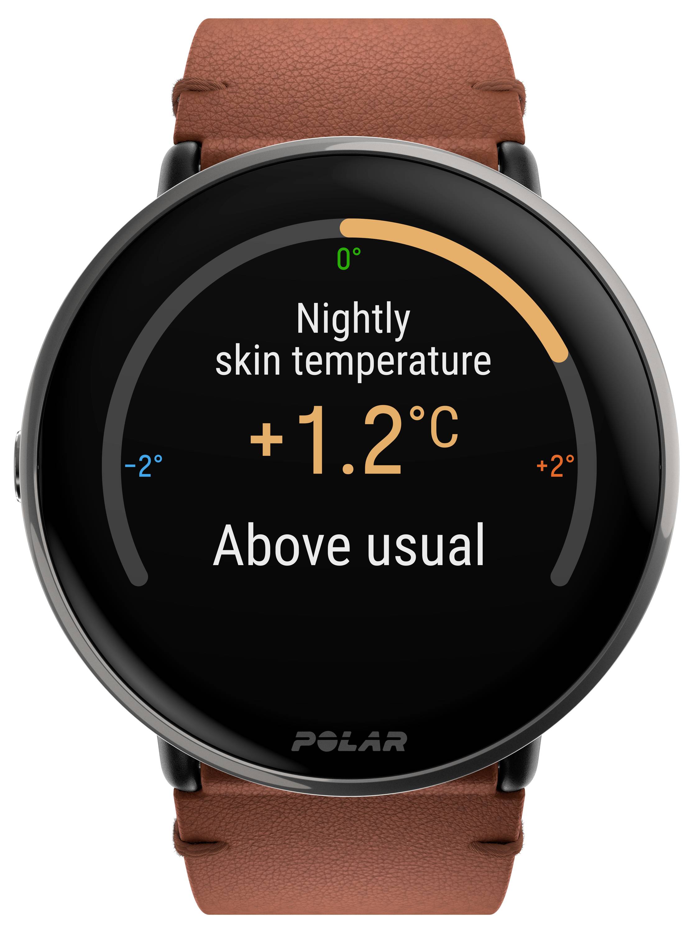 Smartwatch mit braunem Lederarmband zeigt 'Nightly skin temperature +1.2°C Above usual' auf dem Bildschirm.