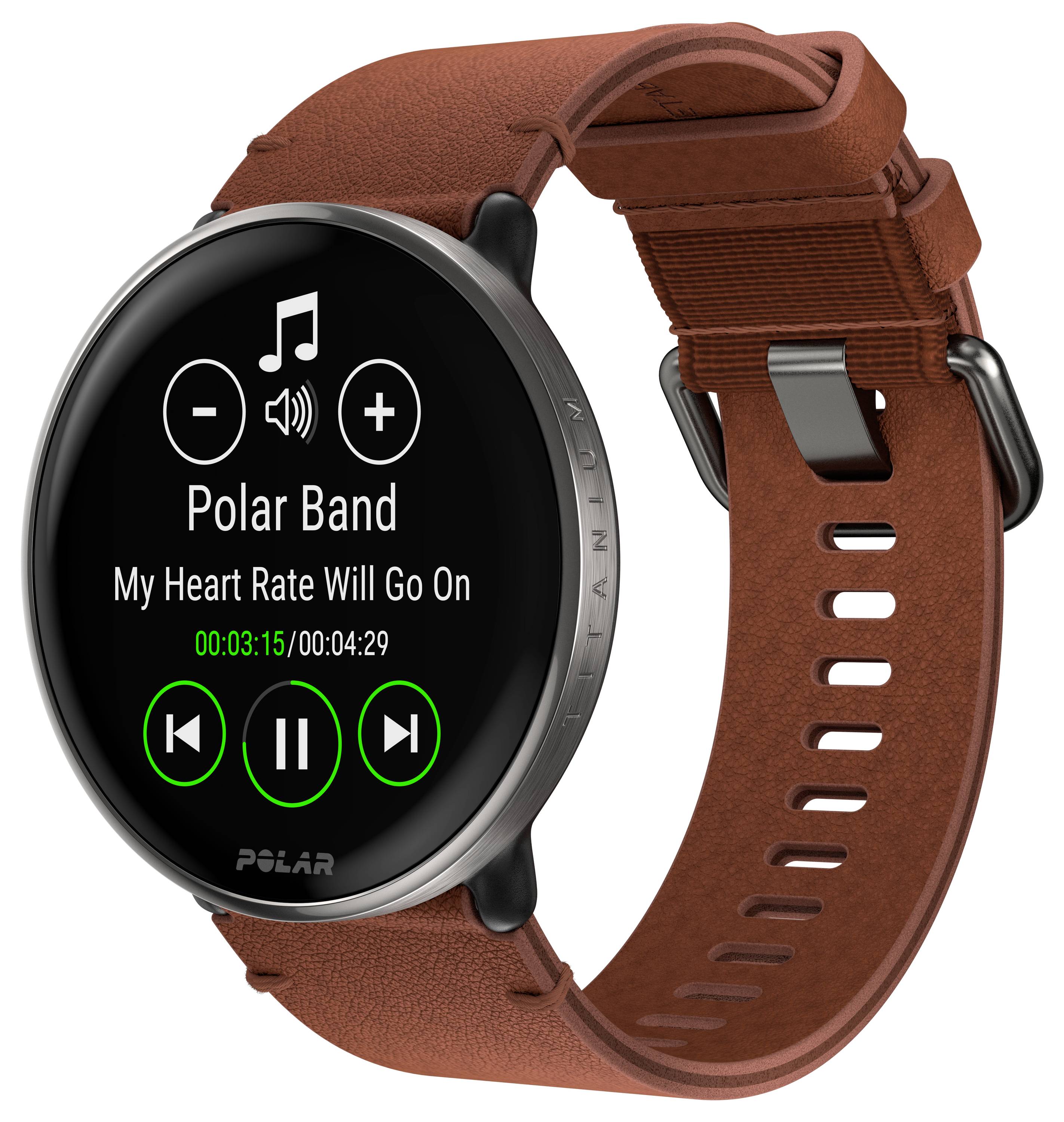 Eine Smartwatch mit rundem Display zeigt die Musikwiedergabe an. Titel: 'My Heart Rate Will Go On' von Polar Band, Laufzeit 00:03:15.