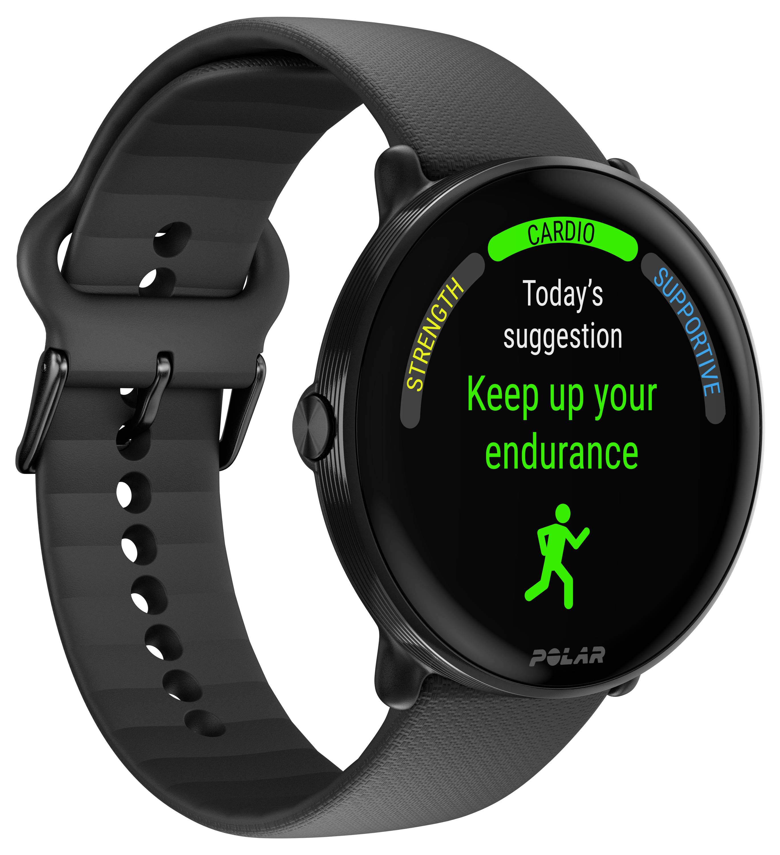 Schwarze Fitness-Uhr mit rundem Display zeigt 'Keep up your endurance' an. Für Ausdauertraining empfohlen. Icons für Cardio und Unterstützung sichtbar.