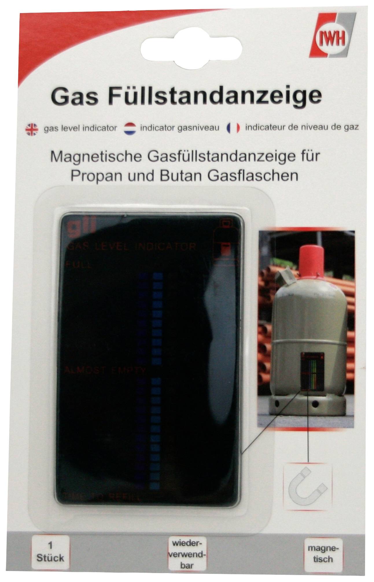 Verpackung mit einer Gasfüllstandsanzeige für Propan- und Butangasflaschen. Produkt zeigt Füllstand visuell an.
