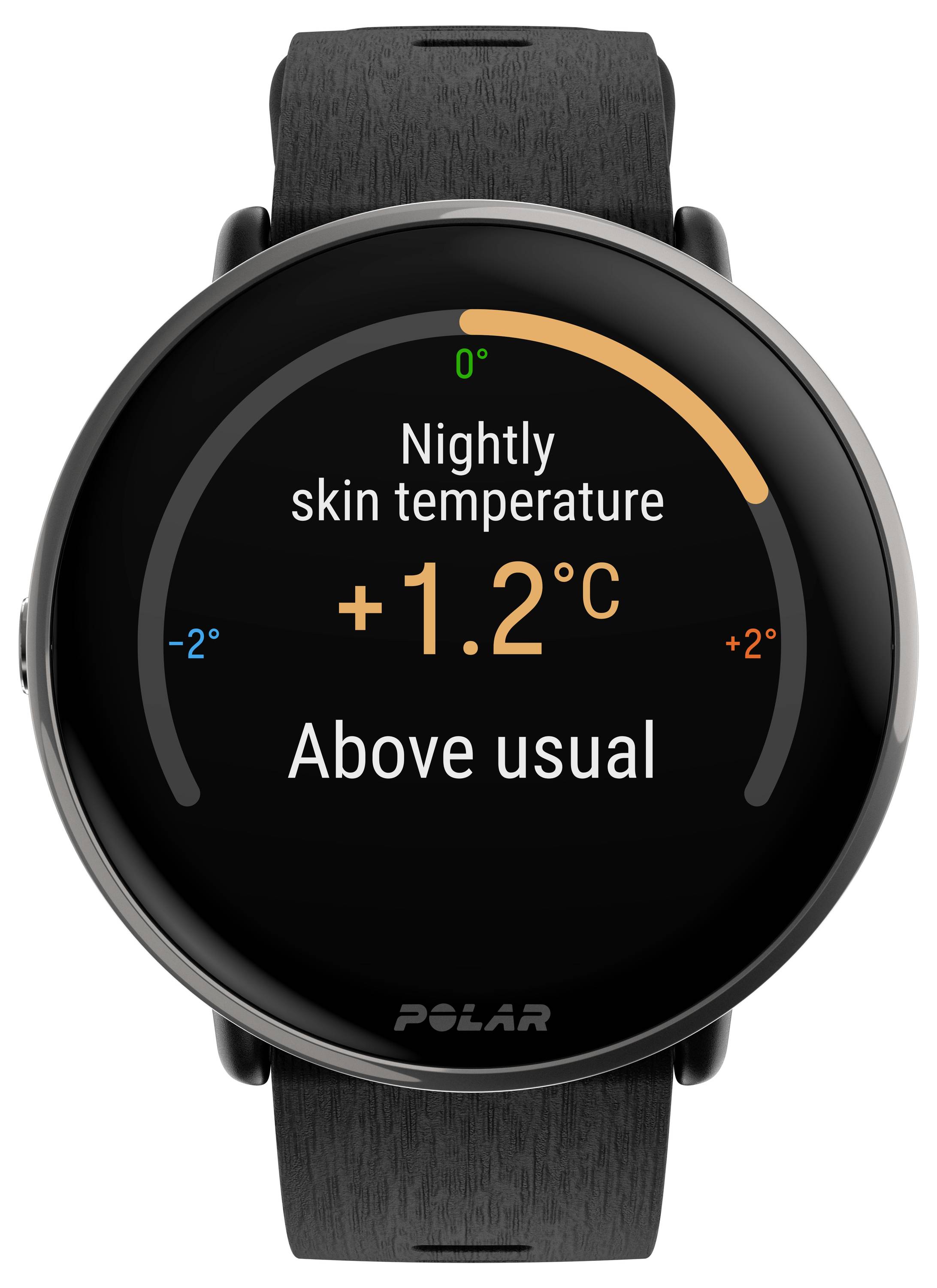 Smartwatch zeigt 'Nightly skin temperature +1.2°C Above usual'. Visualisiert Temperaturabweichung um Monitorring an zu passen.