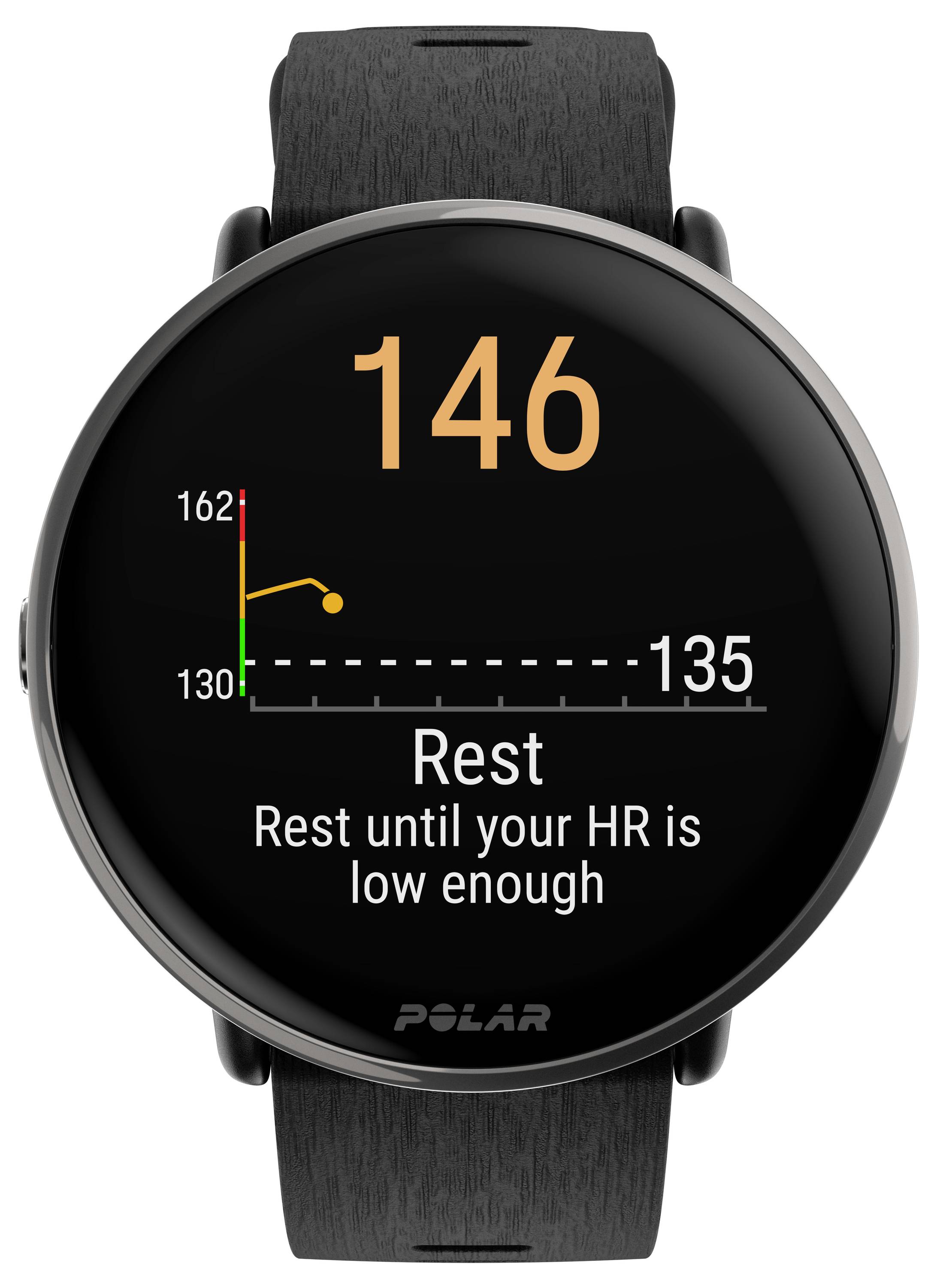 Smartwatch mit Herzfrequenzanzeige: Aktueller Wert 146, Diagramm zeigt Abfall zu Zielwert 135. Text 'Rest until your HR is low enough'.