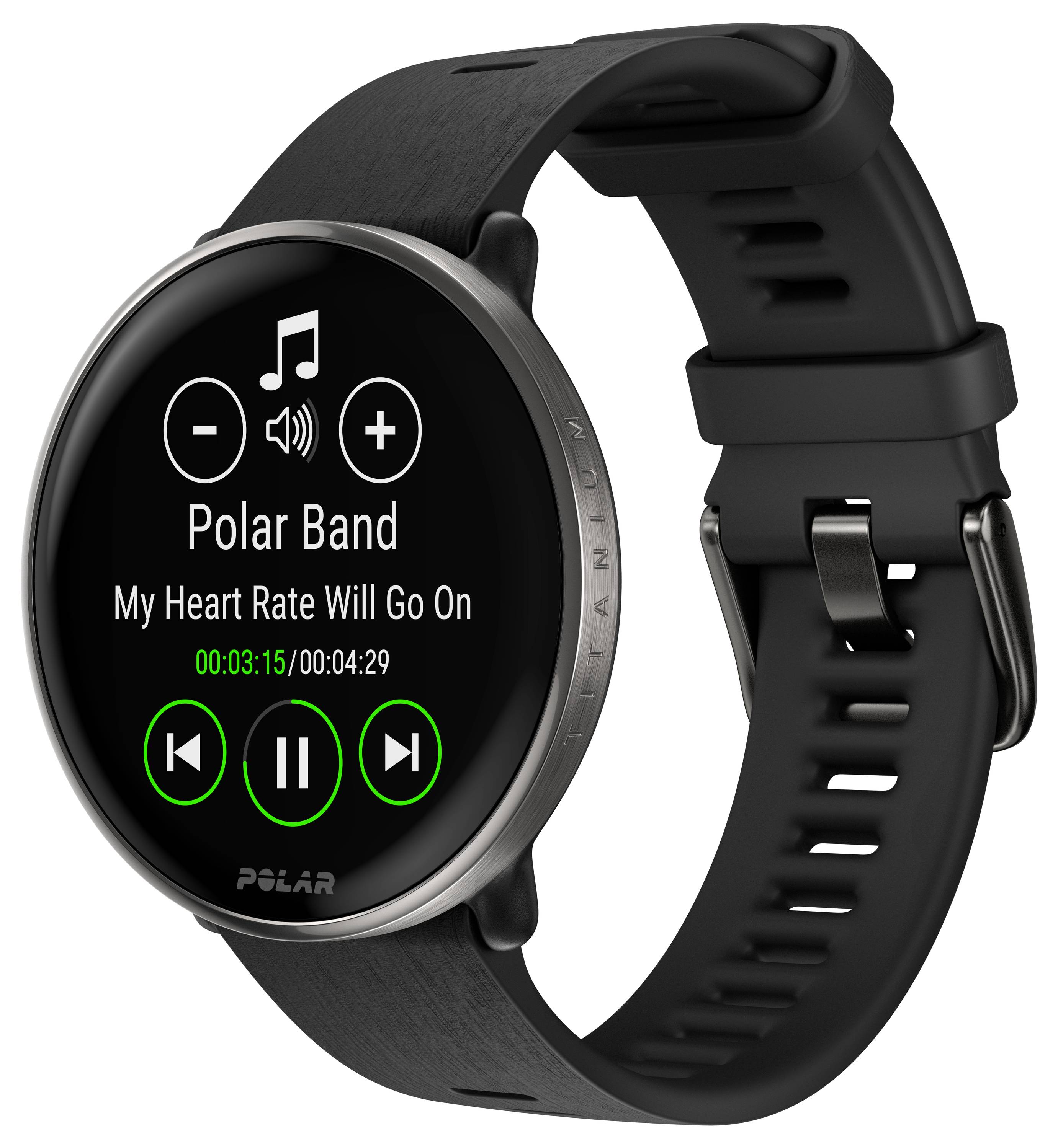 Eine schwarze Smartwatch zeigt einen Musikplayer. Der Bildschirm liest 'Polar Band - My Heart Rate Will Go On', mit Wiedergabeoptionen.