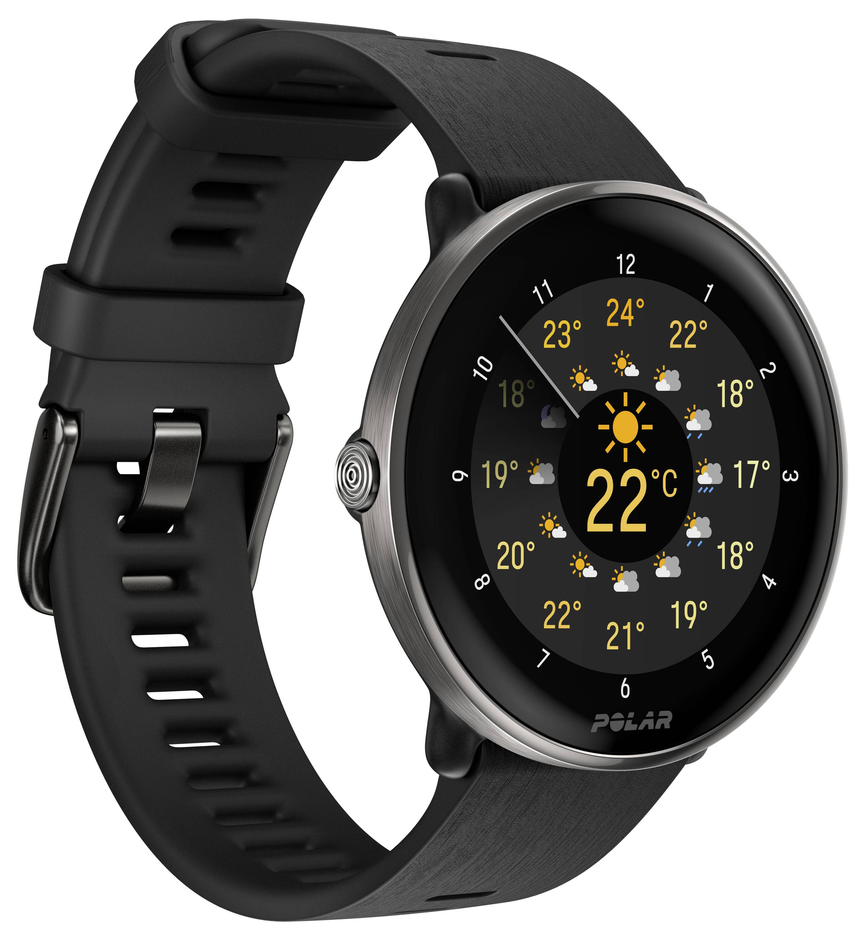 Eine schwarze Smartwatch zeigt das Wetter: 22°C, Sonnenschein mit Wolken. Stundenweise Wettervorhersage angezeigt.