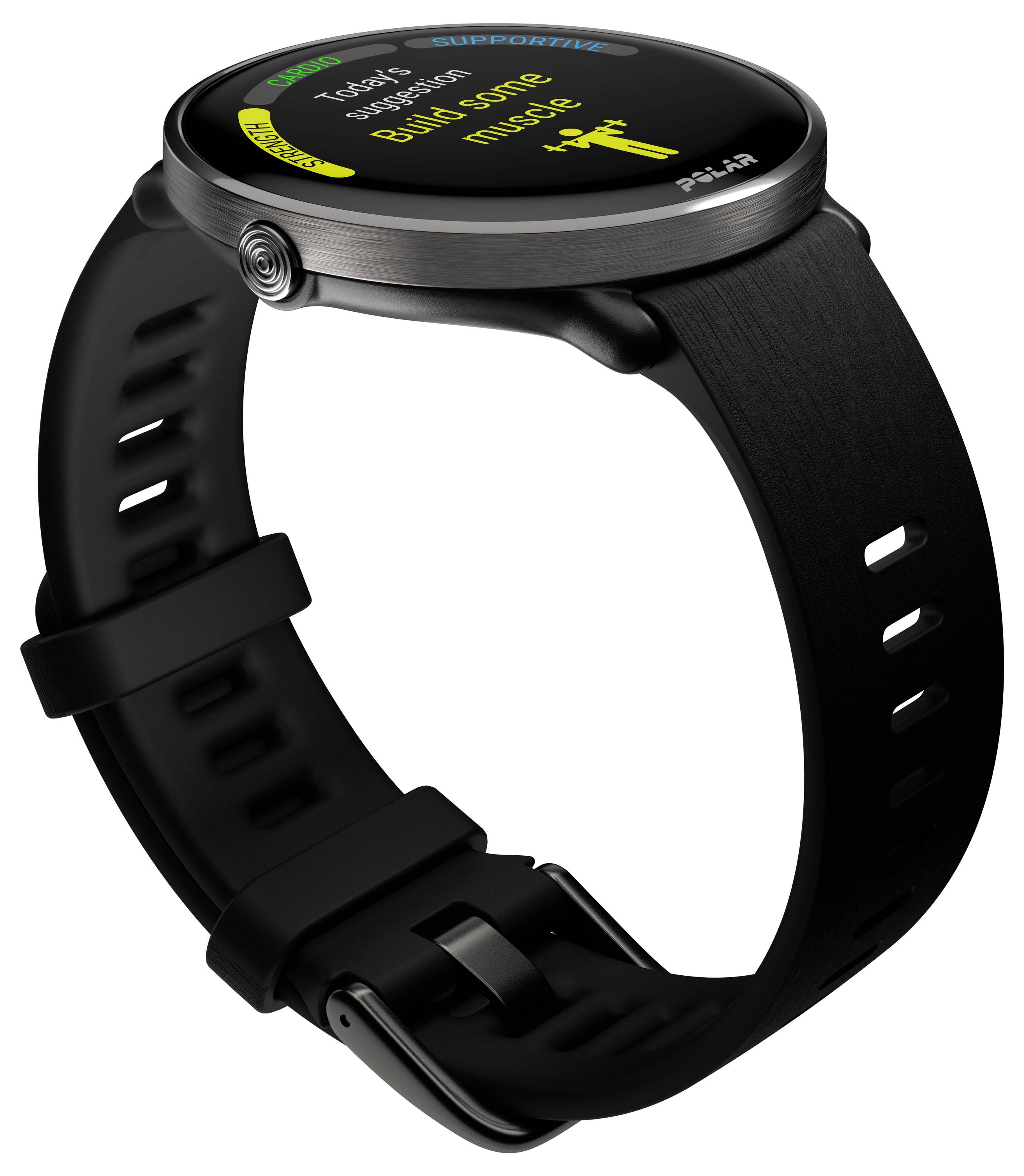 Schwarze Smartwatch mit rundem Zifferblatt. Auf dem Display werden Schritte und Kalorienverbrauch angezeigt.