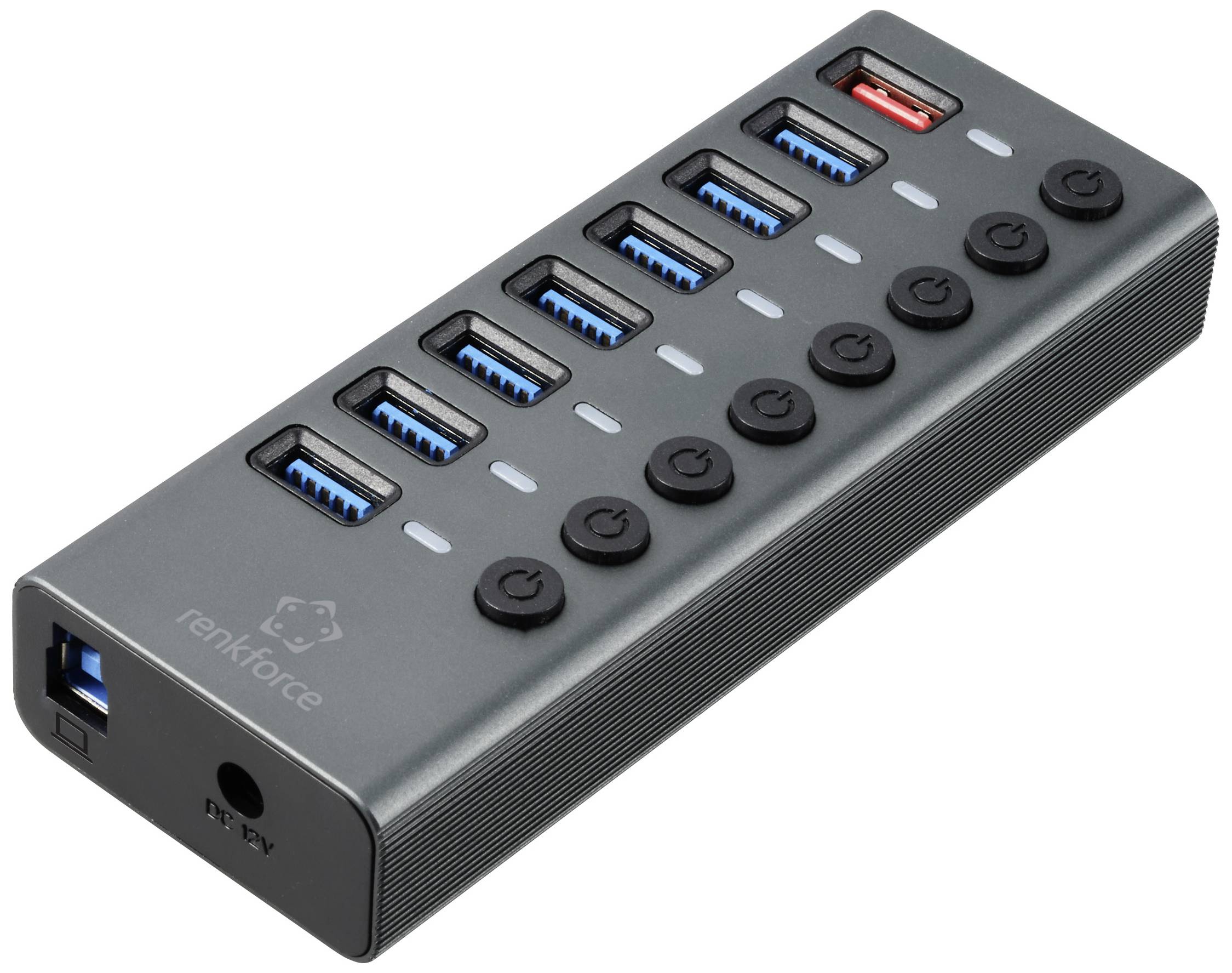 USB-Hub mit zehn Ports, individuell schaltbar. Ein roter Anschluss für Schnellladen. Schwarzes Gehäuse mit seitlichem Anschluss.