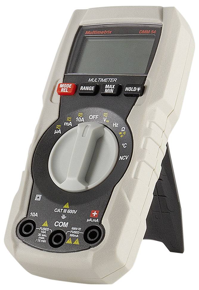 Digitales Multimeter mit Anzeige und Drehschalter für verschiedene Messfunktionen wie Spannung, Stromstärke und Widerstand.
