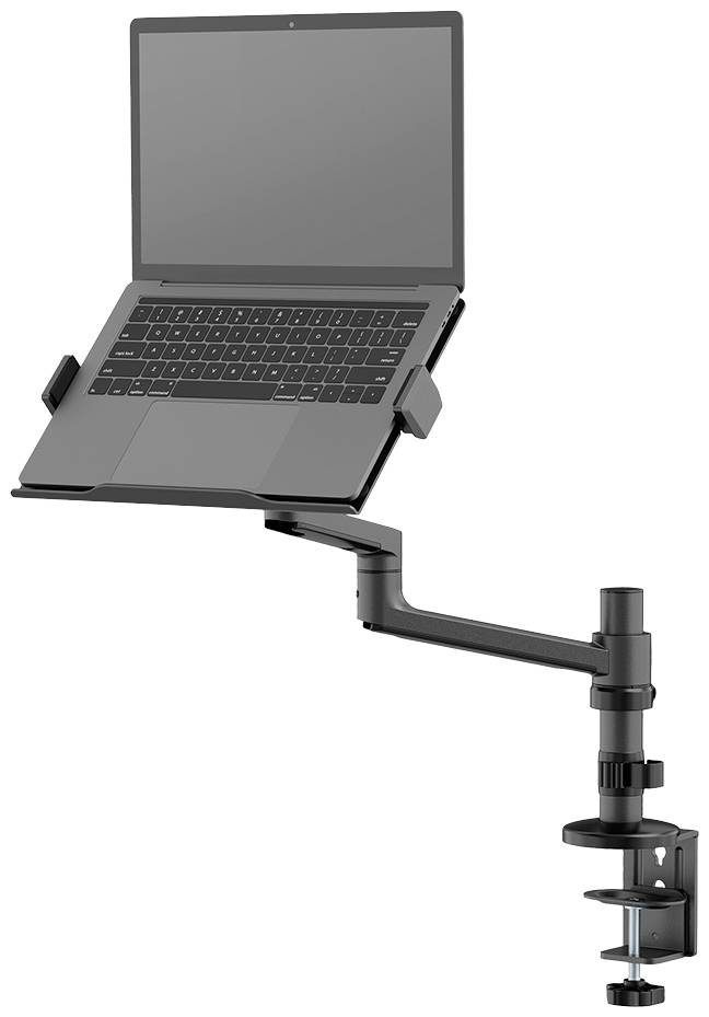 Laptop-Halterung mit verstellbarem Arm an einem Tisch befestigt, hält Laptop in der Luft für ergonomisches Arbeiten.