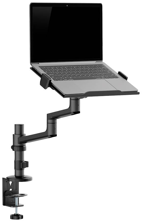 Laptop-Halterung montiert an einem Schreibtisch, ermöglicht verstellbare Höhe und Winkel für ergonomisches Arbeiten.