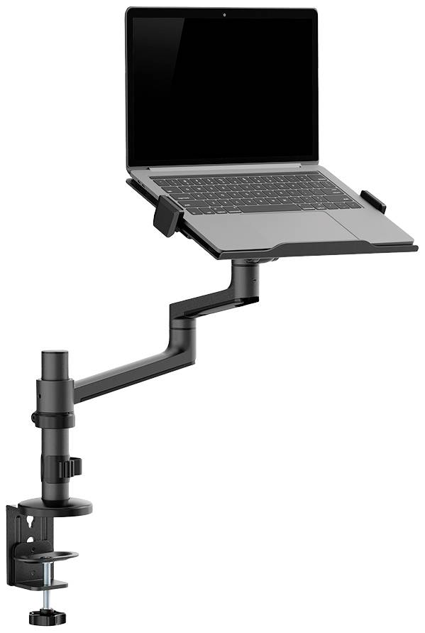 Laptophalterung mit Tischklemme, schwarzes Metall, verstellbar für verschiedene Laptopgrößen. Erhöht Laptops für ergonomisches Arbeiten.