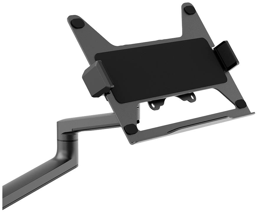 Ein schwarzer Tablet-Halter mit verstellbarem Arm, der auf einem Tisch montiert wird. Der Halter kann gedreht und geneigt werden.