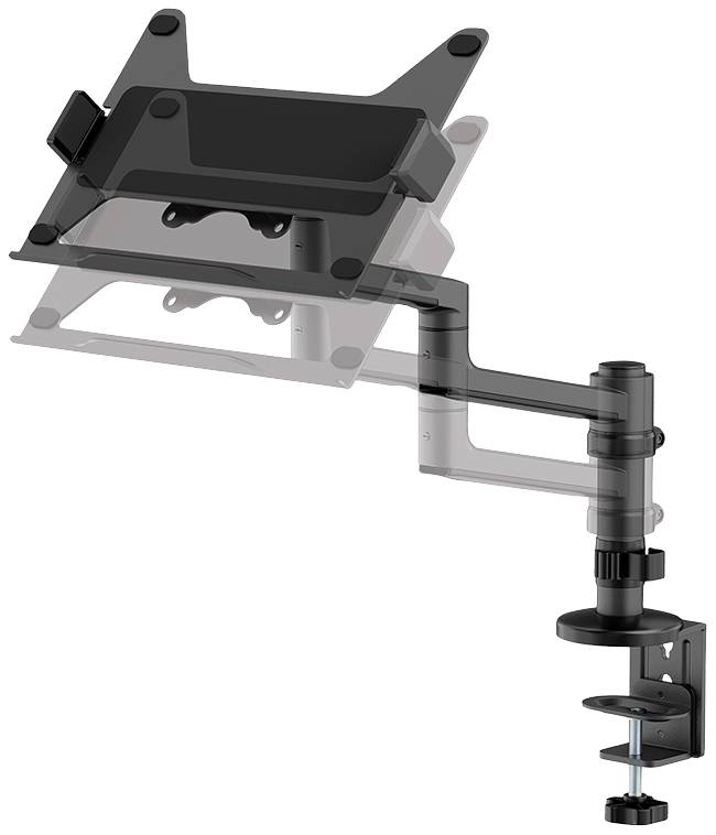 Laptop-Halterung mit flexiblem Arm, der an einem Tisch montiert wird. Eignet sich für verstellbare Positionierung des Geräts.