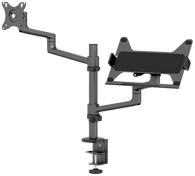 Monitorhalterung mit zwei Armen: links eine VESA-Halterung, rechts eine Tablet-Halterung. Montiert an einem Tisch mit Klemmsystem.