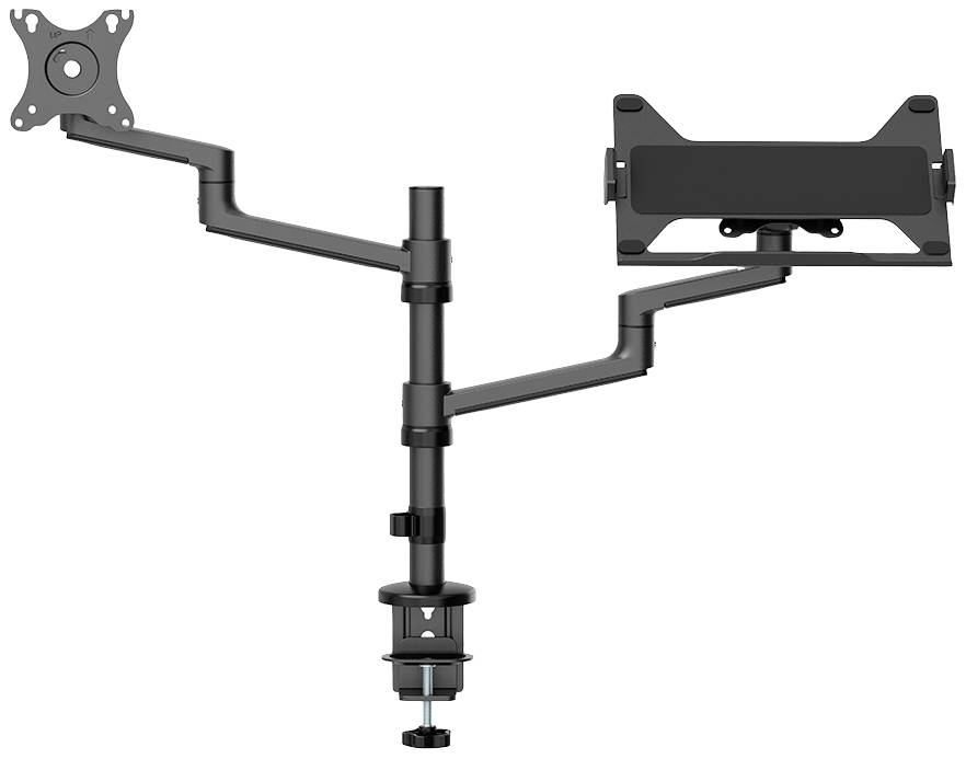 Dual-Monitor-Halterung mit zwei verstellbaren Armen. Linker Arm hat eine rechteckige Platte, rechter Arm eine Halterung für Tablets. Ideal für Schreibtische.