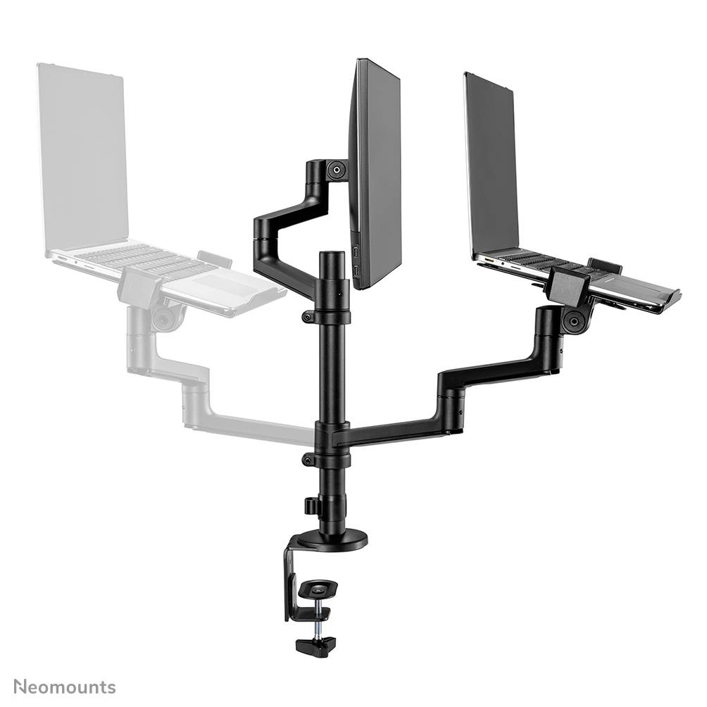 Ein dualer Monitorhalter mit zwei flexiblen Armen, die Laptops halten. Er ist an einem Schreibtisch befestigt und ermöglicht Höhenverstellung.