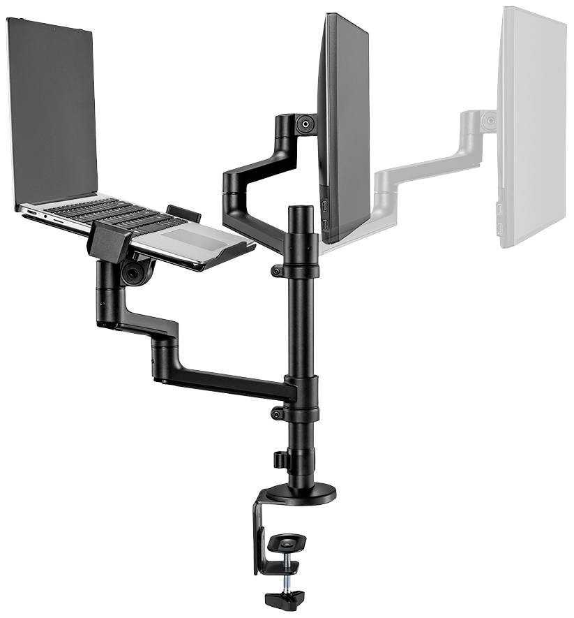 Ein schwarzer Schreibtischarmhalter mit zwei regulierbaren Halterungen, die einen Laptop und einen Monitor tragen, montiert an einem Tisch.