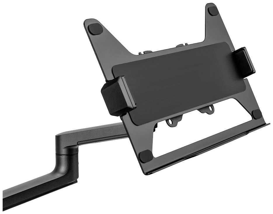 Tablet-Halterung in Schwarz, mit verstellbarem Arm, geeignet zum Befestigen eines Tablets an einem Tisch oder Schreibtisch für flexiblen Einsatz.