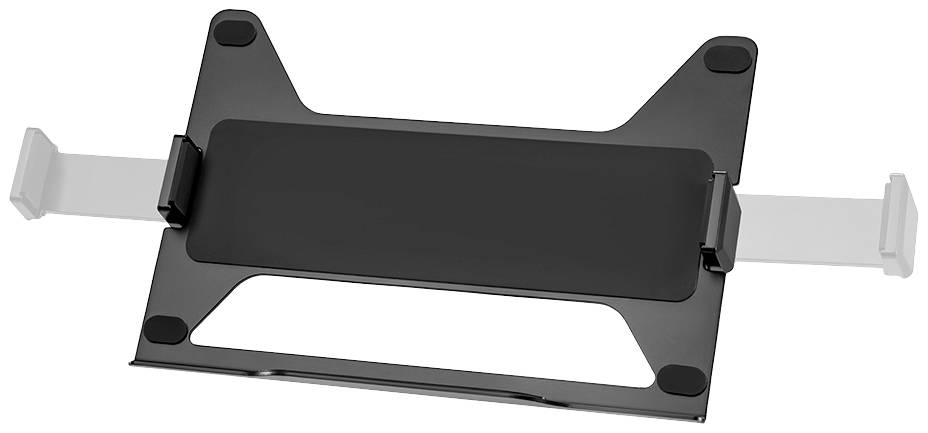 Laptoptasche aus schwarzem Material, rechteckig mit zwei seitlichen, weißen Halterungen, die nach außen ausgezogen sind.