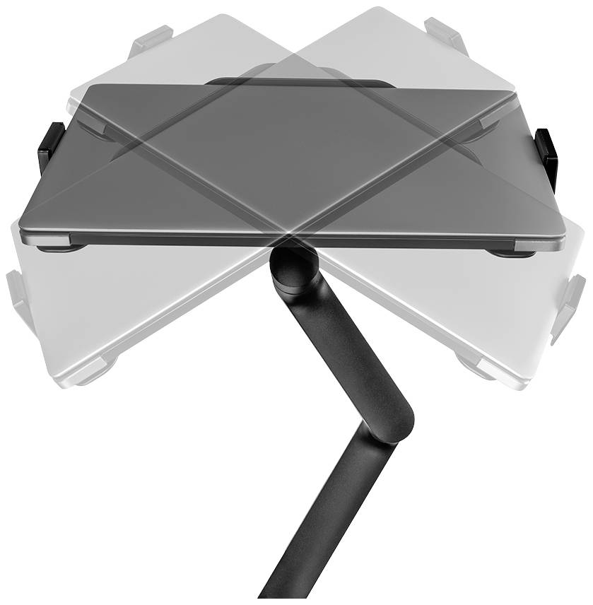 Obenansicht eines klappbaren Tablet- oder Buchhalters mit einem verstellbaren Arm und drehbarem Standfuß, grau und schwarz.