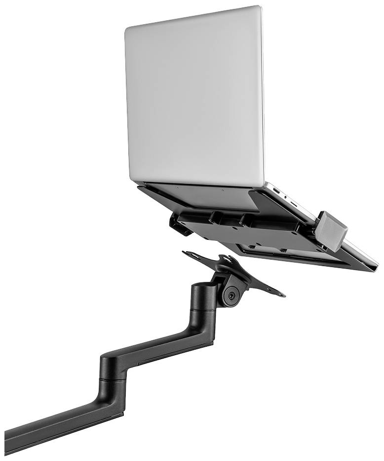 Ein Laptop steht geöffnet auf einem höhenverstellbaren, schwenkbaren Arm, der an einem Tisch montiert ist.